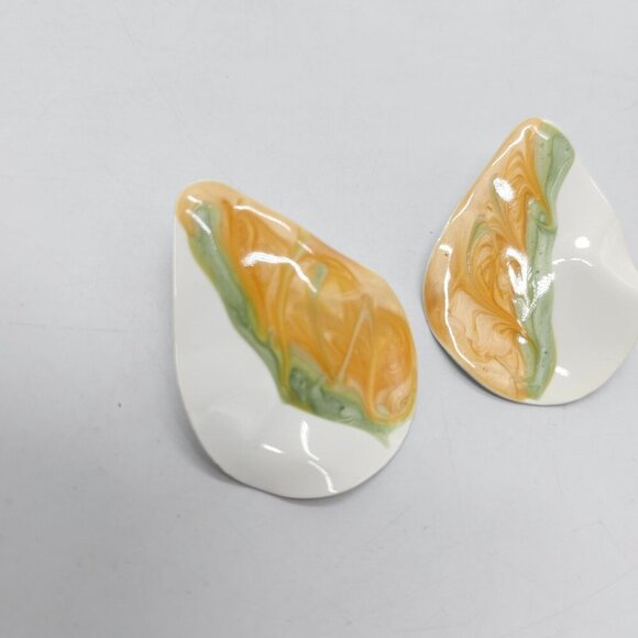 Handcrafted Teardrop Enamel Post Earrings With Orange Green Swirl Design - Picture 2 of 4